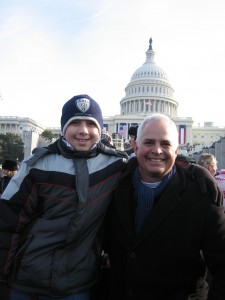 Jim and Quinn Brenneman at Inauguration Several Goshen students attended the inauguration, but Jim and Quinn Brenneman had the privilege of entering the ticketed area, much closer to President Obama. Photo submitted by Jim Brenneman