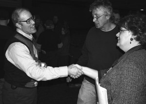 Joel Salatin Sustainable farmer Joel Salatin greets fans Molly and Joe Kaniuga after Salatin's speech at the Old Goshen Theatre, Tuesday.