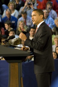 Obama. President Barack Obama spoke to a crowd of students, press and concerned Elkhart residents on the ailing economy of Elkhart County. Photo by Chase Snyder.
