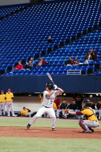 Metrodome. Zach Reed, Sophomore, went 4-12 over the weekend with the team leading 4 RBIs. Photo by Josh Gleason.