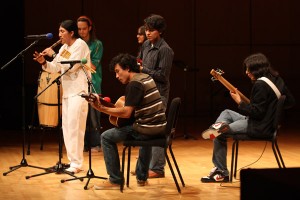 isccoffeehouse-web-tim-blaum1 Mauricio Chavez and a group of other musicians performed at the annual International Student Club Coffee House Saturday. Music, dancing and food were all part of the intercultural experience. Photo by Tim Blaum.