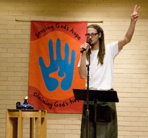 shane-claiborne-web-chase-snyder Shane Claiborne kicked off a string of appearances on GC campus with an extended chapel Wednesday. Photo by Chase Snyder.