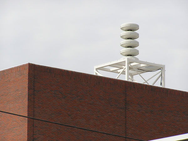 siren-alana A U.F.O.-esque city siren has been installed on top of GC's Umble Center. Photo by Alana Kenagy.