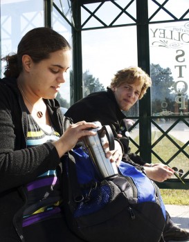Inter-urban trolley Seniors Angelique and Simon Birky-Hartmann patiently wait for the inter-urban trolley to arrive and carry them home. Photo by Angelica Lehman.