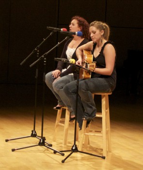 Kick Off Hannah Groff (left) and Lauren Eash sang an accoustic cover of Call it Off by Tegan and Sara at Kickoff this past Friday. Photo by David Zwier.