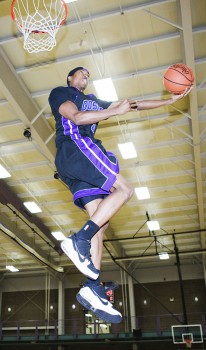 purplewhite-briansteiner Huge dunks and choreographed dances were just part of the Purple and White celebration introducing this years GC basketball teams. Photo by Brian Steiner.