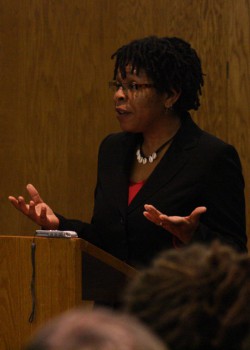 Regina-Martin Regina Shands-Stoltzfus presented her doctoral research on African American Mennonite women in a lecture in NC-17, Tuesday. Photo by Martin Brubaker.