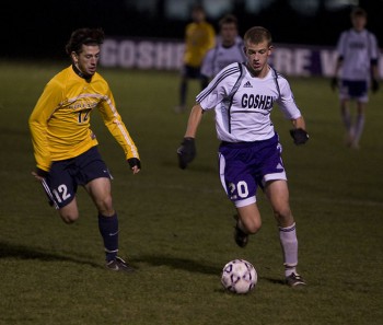 soccer-sportsinfo Greg Thiessen, a junior, blazes by a Spring Arbor player in a conference game, Saturday. Photo provided by Sports Information Department.