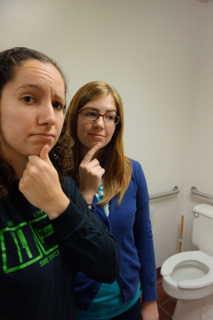 Toilet critics Jantz and Yoder consider the age-old question, "To pee or not to pee." Photo credit: #selfie