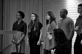 Davonne Kramer, Jeremy Pope, along with seniors Elizabeth Woodward, Lizzy Diaz, and Isaac Fast perform for the 2014 MLK student weekend convocation.