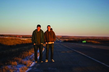 Senior communication majors, Benson Hostetter and Jared Zook pause to take a photo in Kansas on their drive to Los Angeles, California.