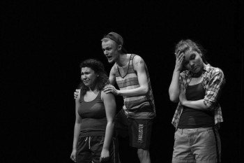Christina Hofer, junior, stands with Ally Medellin, sophomore and James Lang, a first-year during the Winter One Acts rehearsal