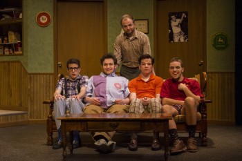 Brett Conrad, a senior, poses with juniors Ben Ganger, Martin Flowers, Paul Zehr, and sophomore Jesse Bontrager during a rehearsal.