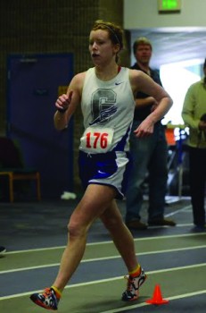 Kayla Gray, a sophomore competes at a home racewalk meet in preparation for the NAIA Indoor Nationals.