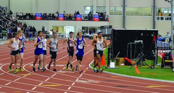 Seniors Mitchell Brickson (Left), Kolton Nay (Center) and Brad Sandlin (Right) charge off of the starting line during their race at the NAIA Indoor Nationals.