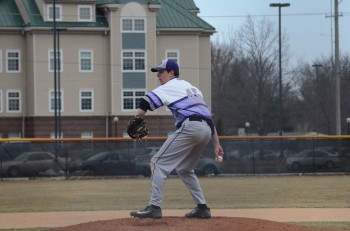 Sophomore Brad Lantz prepares to deliver a pitch during Tuesday's double header against Robert Morris College.