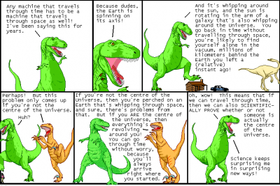 Comic strip featuring a conversation between two dinosaurs about science and the center of the universe