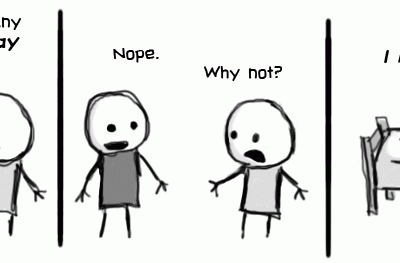 A comic strip: in the first panel, one student asks another if they went to any MLK Day convocations; in the second panel, the student replies, "no," and the other student asks "why not?;" and in the third panel, the student lies on a bed and replies with "I had a dream"