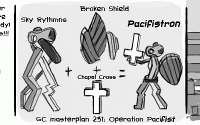 A comic strip illustrating weapons pacifist Goshen students could use if the campus were to be attacked by dinosaurs; weapons include the chapel cross and the Broken Shield and Sky Rythmns sculptures