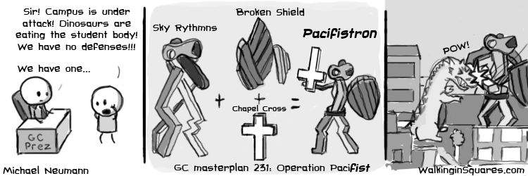 A comic strip illustrating weapons pacifist Goshen students could use if the campus were to be attacked by dinosaurs; weapons include the chapel cross and the Broken Shield and Sky Rythmns sculptures