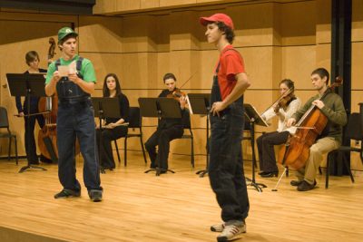 A scene from Jesse Landis-Eigsti's self-composed Mario and Luigi opera in Rieth Recital Hall