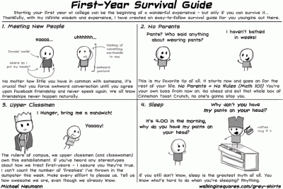 Comic strip featuring a survival guide for first-years