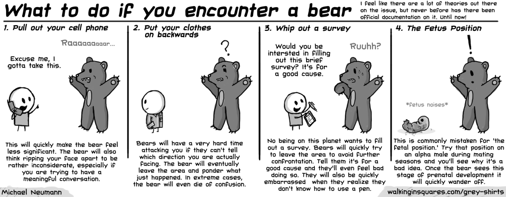 Comic strip illustrating advice for bear encounters: the comic recommends pulling out your cell phone, putting your clothes on backwards, whipping out a survey or curling into the fetus position