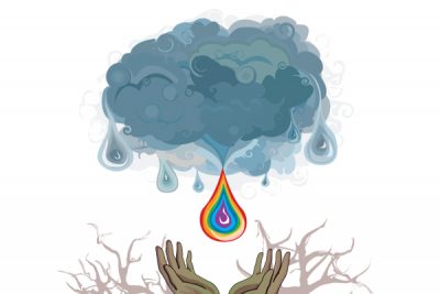 Matt Helmuth's graphic design entitled "Tree of Life," featuring a pair of hands growing from a tree to catch a raindrop falling from the sky