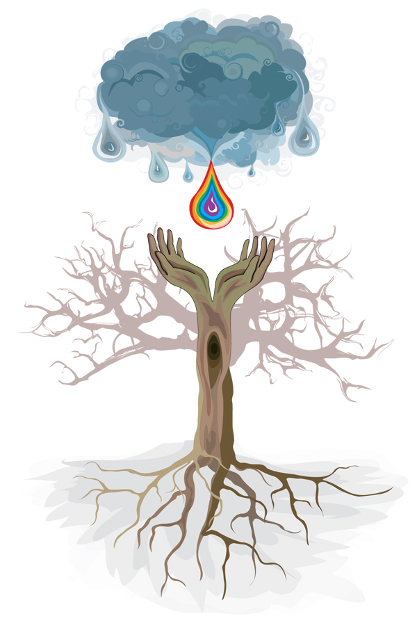 Matt Helmuth's graphic design entitled "Tree of Life," featuring a pair of hands growing from a tree to catch a raindrop falling from the sky
