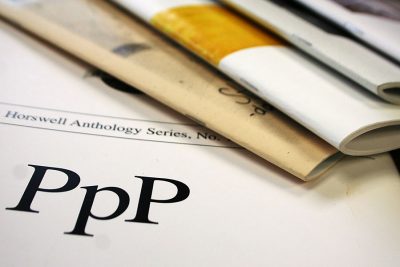 Stack of pamphlets; one is labeled "PPP" for "Pinchpenny Press"