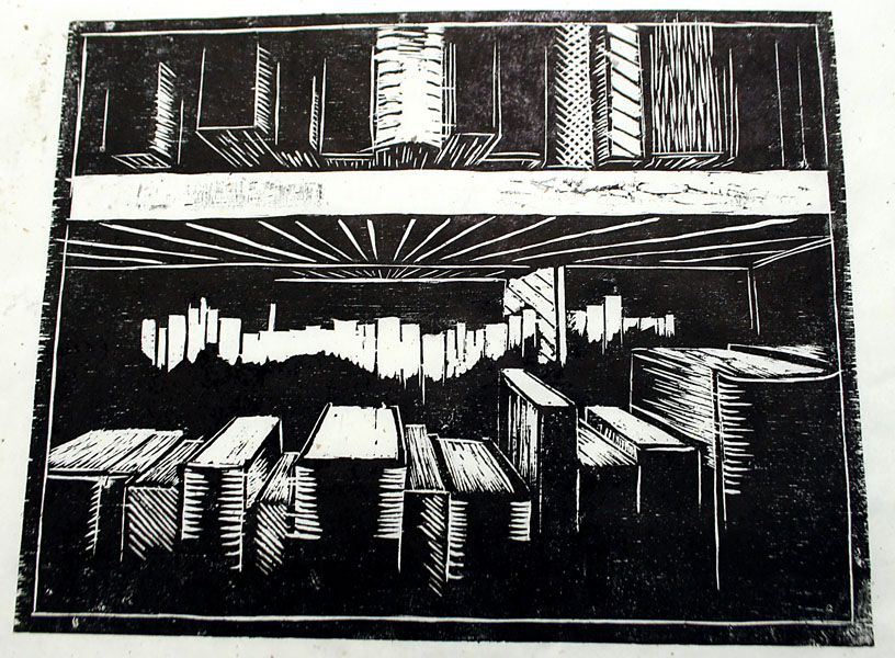 Ted Maust's woodcut relief print entitled "Food for Thought"
