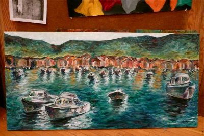 Anna Ruth's painting of a harbor entitled "Komiza"