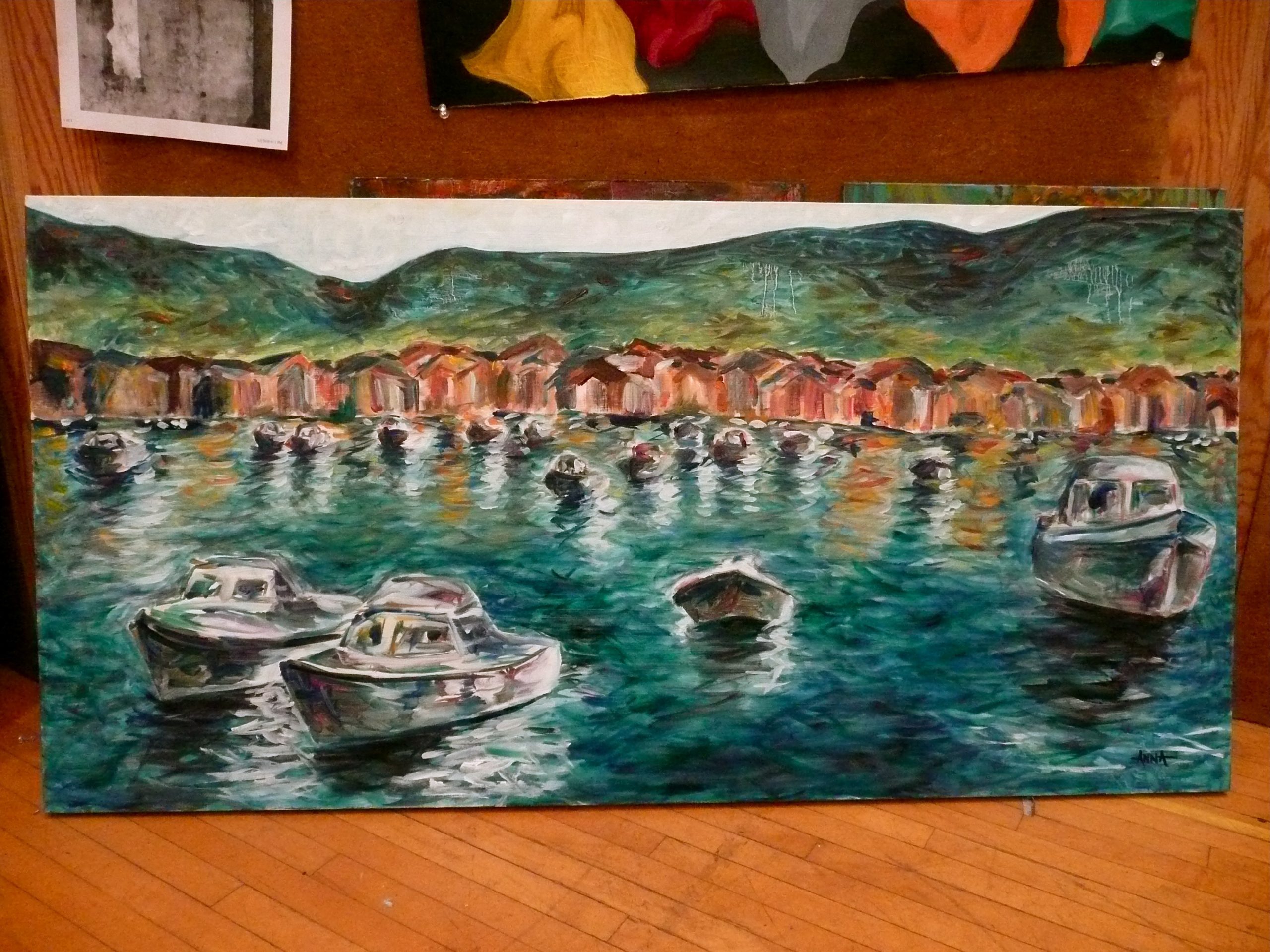 Anna Ruth's painting of a harbor entitled "Komiza"