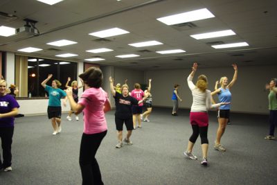 Students and community members participate in Zumba class in the RFC