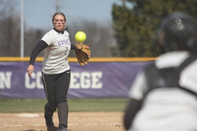 A player on the Goshen softball team prepares to catch the ball in her mitt