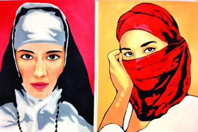 Two of Summer Hasan's paintings featuring women wearing head coverings