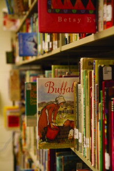 childrens books on a shelf in library