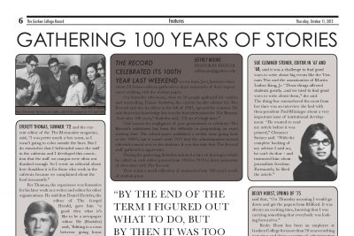 Spread of photos and quotations with a headline reading "Gathering 100 Years of Stories"