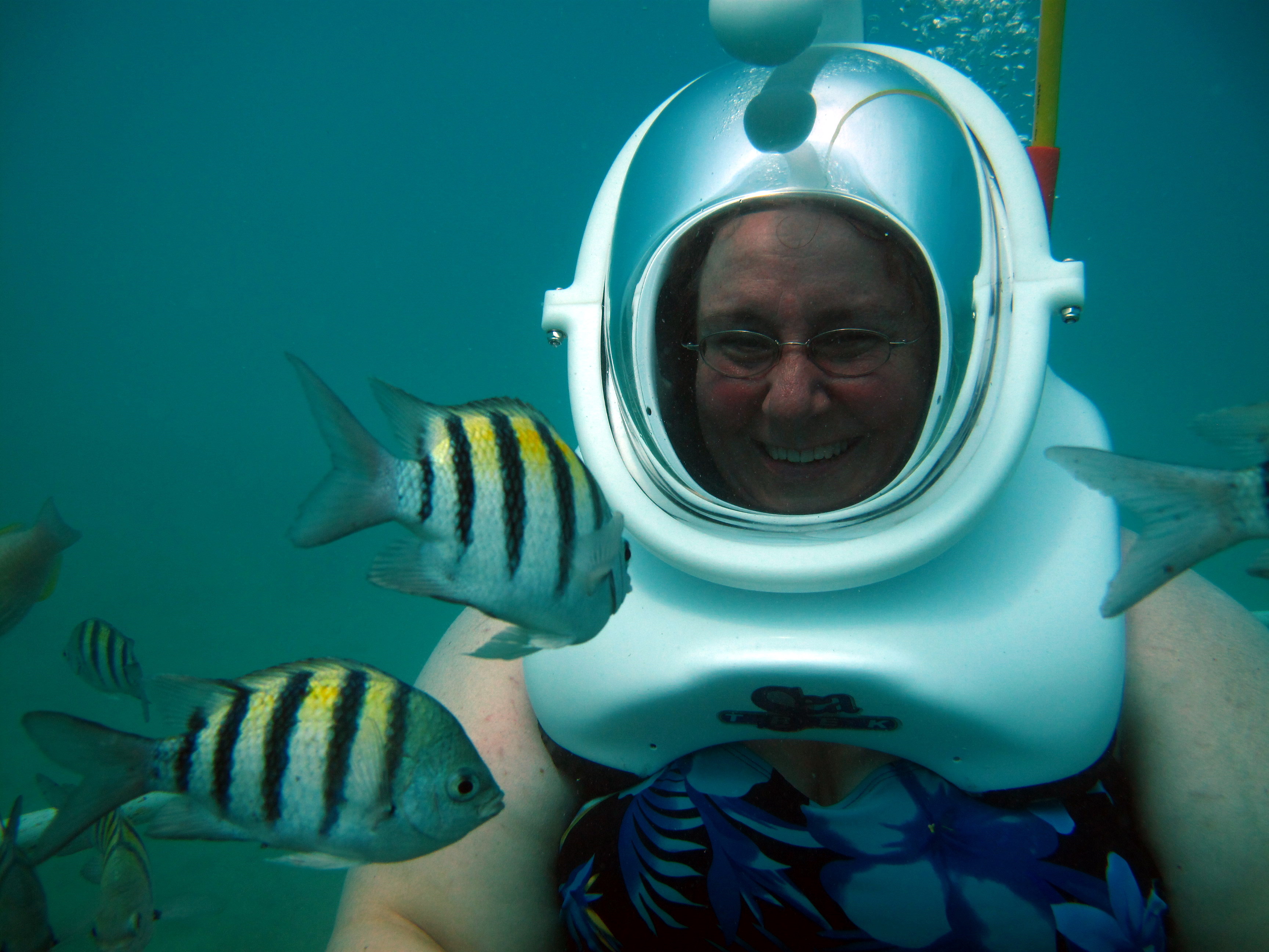 Colleen helmet diving with fish