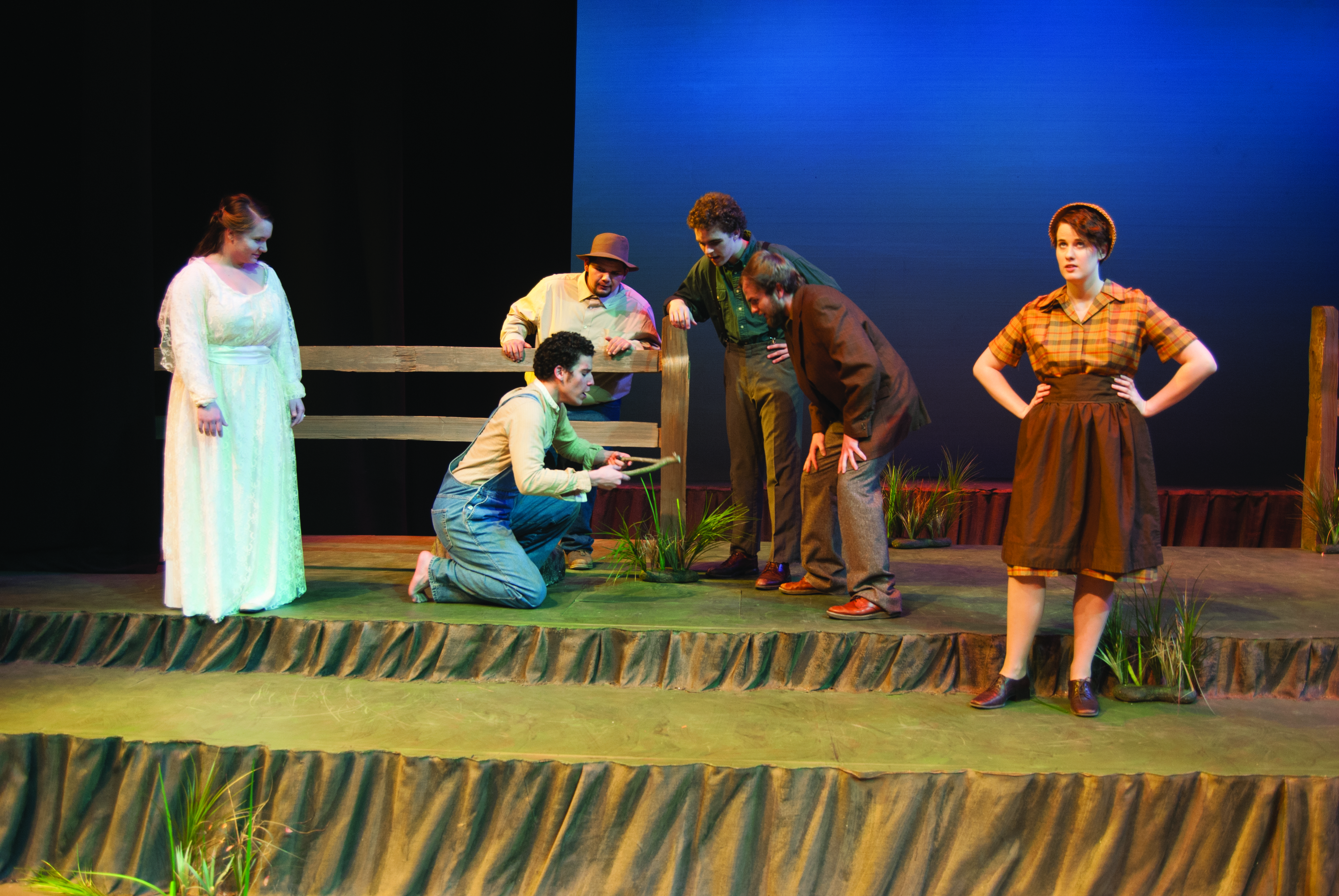 Six students perform on the Umble Center stage in "The Diviners"