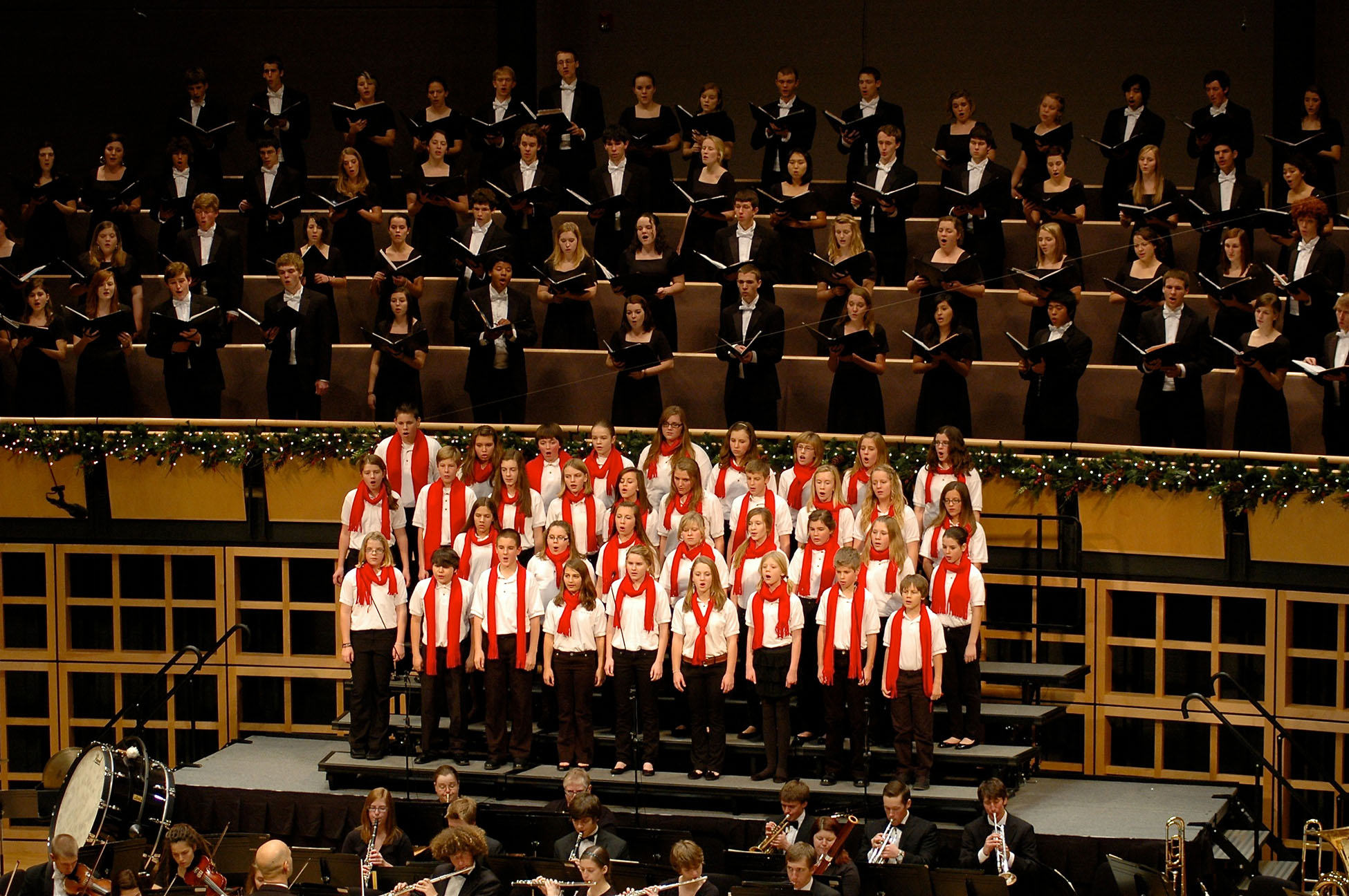 The Shout for Joy children's choir and the Goshen College choirs perform in Sauder Concert Hall for Festival of Carols