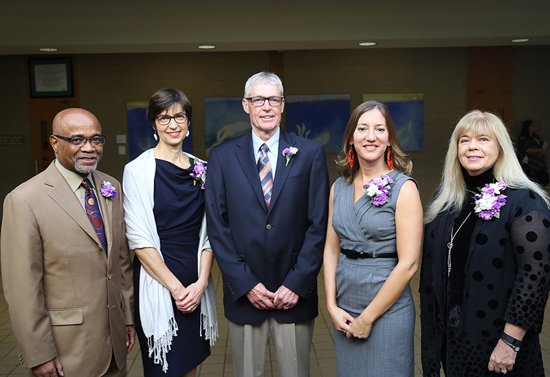 GC alumni award winners Aliko Solongo, Alice Gunden Bender, Ken Pletcher, Sonia Graber, and Kathy Short. Photo contributed by Comm-Mar.