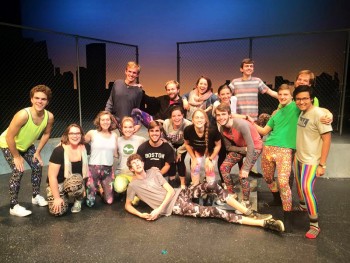The “Godspell 2012” cast and crew exhibits their CO status by wearing the dreaded and outlawed leggings of many colors. Photo contributed by Sadie Gustafson-Zook.