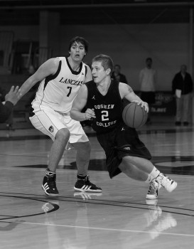 Kody Chandler returns to the court for Goshen College Basketball, and shows off his skills against Grace College. Photo contributed by Goleafs.net
