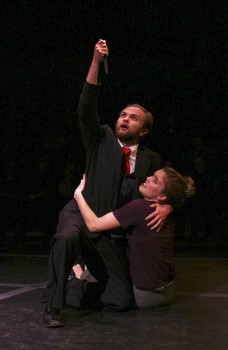 Seniors Martin Flowers and Christina Hofer rehearsing for the upcoming production of Julius Caesar in Umble Center. Photo contributed by Hannah Sauder