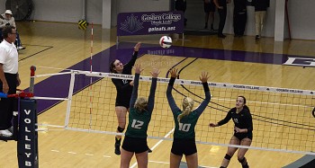 Katy Anspach, plays for Goshen’s Women’s Volleyball team after recovering from a torn ACL. Twice. Photo by goleafs.net