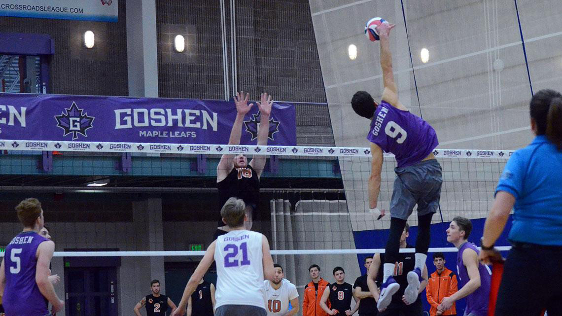 A player on the Goshen men's volleyball team leaps into the air to hit the ball during a home game