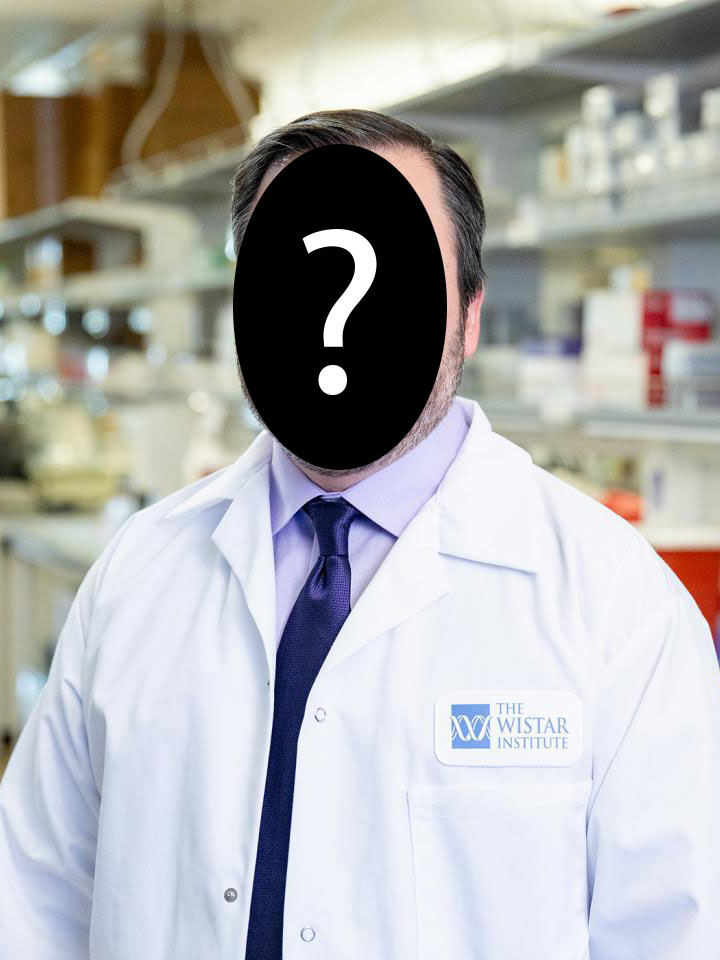 Stock image of a scientist in a white lab coat with a question mark covering his face