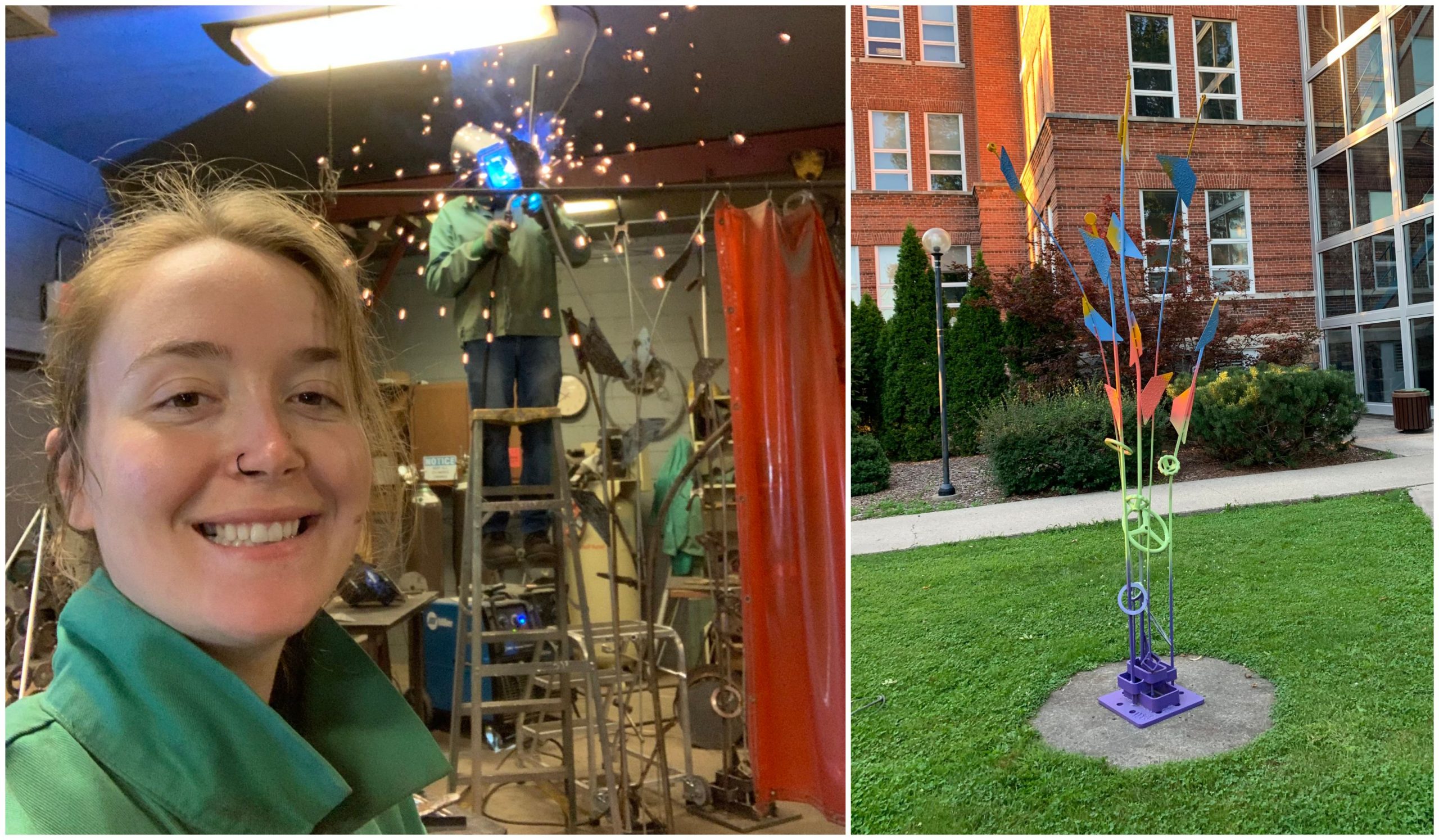 Two pictures: the picture on the left is a student's selfie with the sculpture as it is installed at Merry Lea; the picture on the right is of the sculpture on the Goshen campus. The sculptures resemble leaves and branches and are very colorful