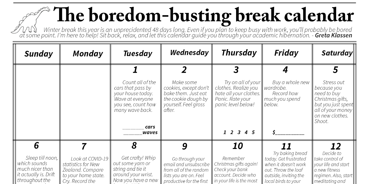 Activity calendar to "bust boredom"